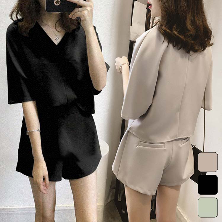 レディース 半袖 vネック Tシャツ カジュアル ゆったり 大きいサイズ セットアップ ショートパンツ 短パン 半ズボン デザイン感 無地 シンプル 上下 2点セット フォーマル S/M/L/XL/2XL/3XL/4XL/5XL 通勤 OL オフィス 仕事 フォーマルウェア