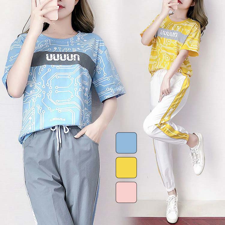 セットアップ レディース カジュアル 夏 Tシャツ レディース ヨガ 半袖 カジュアル服 ゆったり 大きいサイズ 柄系 総柄 長ズボン ロング丈 パンツ 着痩せ スポーツウェア レディース セット 上下セット 2点セット 運動服