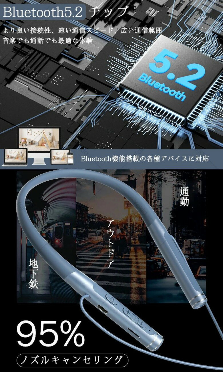 ワイヤレスイヤホン 5.2 高音質 イヤホン 首掛け 120時間連続再生 ブルートゥース イヤフォン 瞬間接続 マグネット 搭載 マイク 内蔵 付き ハンズフリー 通話 IPX67 防水 ノイズキャンセリン 対応 alascorp-10006568 ALASショップ サンプル画像2