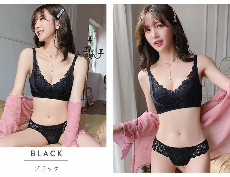 大人レースブラ＆ショーツセット ノンワイヤーなのにしっかり盛り！ 脇高 補正 しっかり 谷間 レース やわらか ノンワイヤー ブラ 美胸 上下セット上下 SET 谷間 盛れる 育乳 ブラジャー ブラショーツ ランジェリー