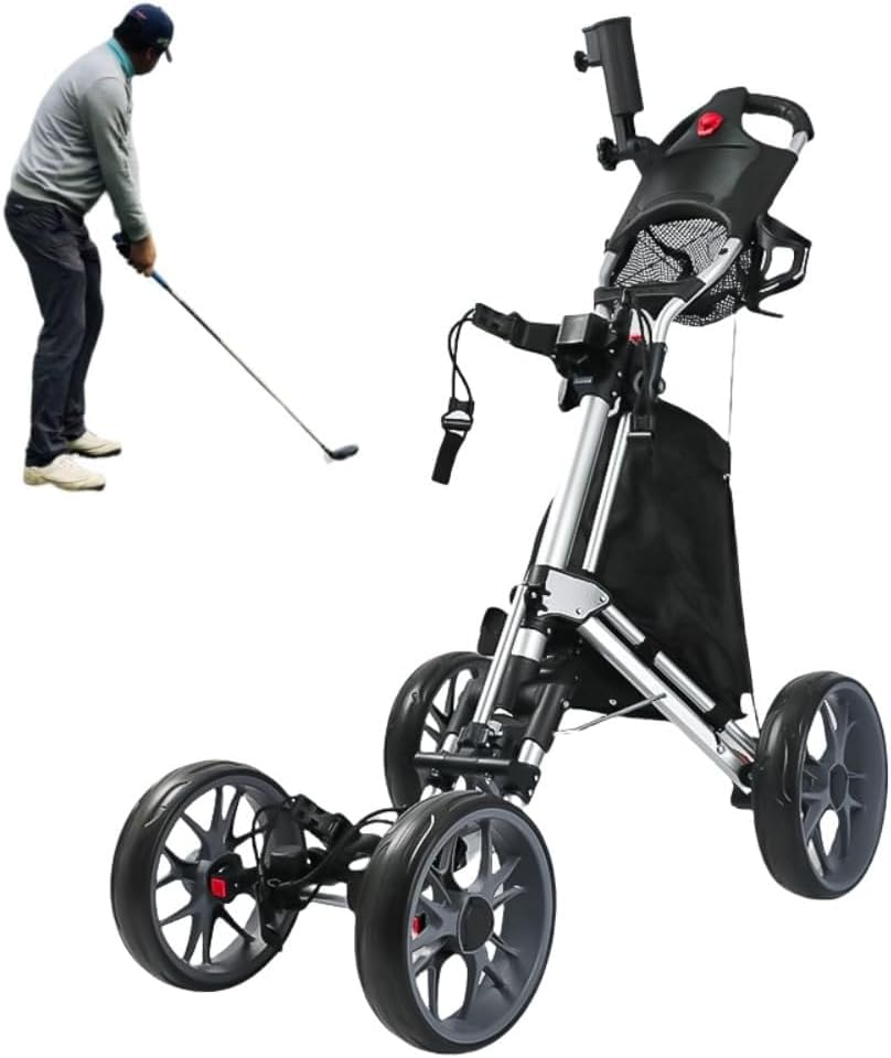 ? 【製品仕様】カラー：ブラック。サイズ：長さ110cmx幅90cm。重さ8.3KG。 4個ホイール、本体 「注意：キャディーバッグは含めていません。」? 【耐久性】多機能手押しボールカートは十分な機能を備えており、1台のカートで日常のニーズに対応できるため、旅行の負担がなくなりました。ゴルフカートは高品質のアルミニウム構造とプラスチックでできており、さまざまな地形で強力な耐荷重能力と完璧なバランスとトラクションを確保します。頑丈のタイヤにより、優れた安定性を提供します。? 【移動が簡単】小型/強力な耐荷重/折りたたみ可能 3秒で素早く折りたたむことができます 最大の移動性のために、このゴルフカートにはボールベアリングホイールもあり、どんな地形にも滑らかな乗り心地を備えています。機能的な手動で作動したブレーキ設定、折りたたみ式で保管が簡単です。? 【収納便利】オープンして、一つの流体の動きで終了。迅速な折り畳み機構と、クイックリリースホイールで、それはほんの数秒であなたのトランクに戻って準備ができて、簡単に格納され、コンパクトに収納半分に折ります。? 【幅広い用途】折りたたみゴルフバッグ四輪トロリー ゴルフカートはゴルフ場の環境に合わせて設計されており、ゴルフ愛好家に大変便利です。ゴルフバッグを背負ってのホール移動は結構な重労働ですが、 このキャリーカートさえあれば、らくらくホール移動。商品の説明商品の説明ゴルフカートはゴルフ場の環境に合わせて設計されており、ゴルフ愛好家に大変便利です。ゴルフバッグを背負ってのホール移動は結構な重労働ですが、 このキャリーカートさえあれば、らくらくホール移動。ゴルフ用カートの利点:持ち運びが易いで、場所を取らない、移動が簡単、省エネ。静かで、耐久性を持って、よりよい道の適応性があります。押したり引っ張ったりするのが簡単で、曲げたり足を触ったりしない。製品情報:製品名：ゴルフカート材質：アルミニウム合金＋プラスチックカラー：ブラック、レッドパッケージサイズ：36.5*36.5*67CM製品重量：8.3 (KG)注意事項:ディスプレイ画面等の環境上、写真と実際の商品の色とは多少違う場合がございます。私たちのサービスについて：