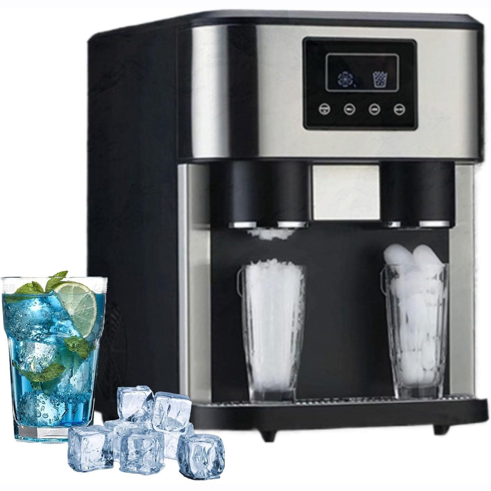 ? Swift Ice Maker: 当社のカウンタートップ製氷機は、わずか 8 分で 16 個の洗練された弾丸型の氷を作り、スピードに革命を起こします。24 時間で最大 15 KG の容量があり、キッチンに最適な製品です。? 2 つの氷のサイズ: この製氷機とウォーター ディスペンサーには 2 つの氷のサイズがあり、究極の柔軟性を体験できます。小さい氷はシーフードやビールを完璧に冷やし、風味と鮮度を高めます。一方、大きい氷は飲み物を素早く冷やし、さわやかな飲み物に変えます。? メンテナンスが簡単: 利便性を重視して設計されたこのコンパクトな製氷機は、カウンターの乱雑さを最小限に抑え、料理に十分なスペースを残します。ステンレススチール製の構造と製氷トレイにより、お手入れが簡単で、衛生的で長持ちします。? 超静音でユーザー中心: 35dB という非常に静かな動作音で、この電動製氷機は冷蔵庫の音を模倣し、ご家庭に自然に溶け込みます。透明な蓋で氷の量をはっきりと確認でき、スマート センサーが最大容量で自動的に製造を停止し、オーバーフローを防ぎ、使いやすさを向上させます。? 簡単な操作: 当社の使いやすいコントロール パネルにより、シンプルさと効率性が融合します。製氷機に水を入れて、オンを押し、氷のサイズを選択するだけで、魔法が起こります。水が少なくなると、または製氷バスケットがいっぱいになると、インジケータ ライトが警告し、シームレスな操作を保証します。電動製氷機と製氷機。9分で16個のクリスタルアイスキューブを楽しめます。さまざまなニーズを満たすダブルサイズ。24時間製氷可能、最大15kg、パーティーの宴会にも楽々対応。ウォーターディスペンサーと組み合わせれば、自家製アイスティーやアイスコーヒーで夏を涼しく過ごせます。オフィスやバーでも生活の質を高め、涼しいひとときを楽しめます。仕様：製品名: 電動アイスクラッシャー材質：プラスチックアイスキューブの種類: アイスキューブ、クラッシュアイス、氷水製氷量: 15kg/24時間氷貯蔵容量: 0.6 kg給水方法: セルフプライミング/水道水製品サイズ: 340 x 455 x 455 mm商品重量: 18.5 kgシングルアイスアウト: 16 個のアイスキューブ/9 分パッケージ内容:製氷機×1アイススクープ×1?1×水道管注記：1. 手動測定の場合、1～30 mmの誤差が生じる場合があります。2. 光と画面の違いにより、商品の色が写真と若干異なる場合があります。