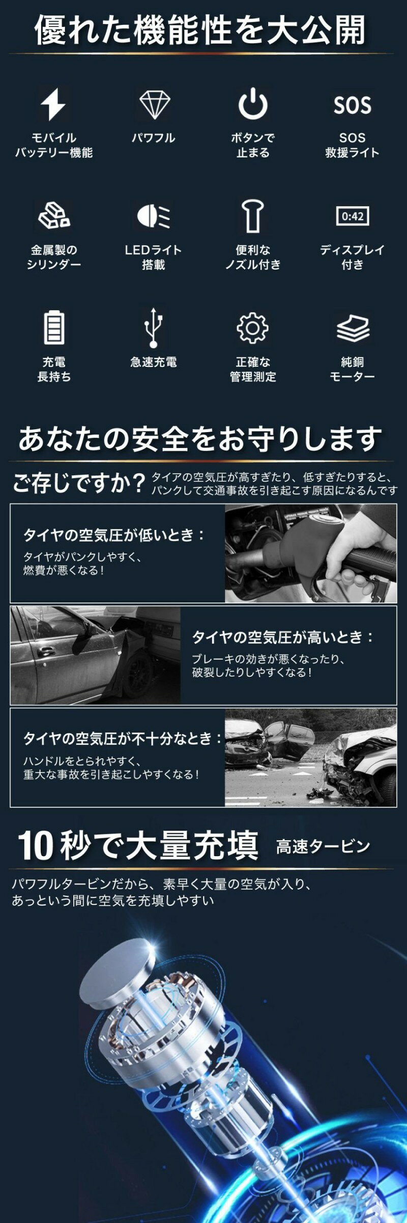 電動エアーポンプ 電動空気入れ 携帯ポンプ 大容量バッテリー LED照明 緊急ライト ライト付き タイヤ空気入れ 小型 電動エアポンプ 充電式 自動停止 車 ロードバイク ボール 浮き輪 バイク クロスバイク 携帯空気入れ 自動車 自転車 仏式 英式 米式 車 空気圧測定タイヤ alascorp-10005641 ALASショップ サンプル画像2