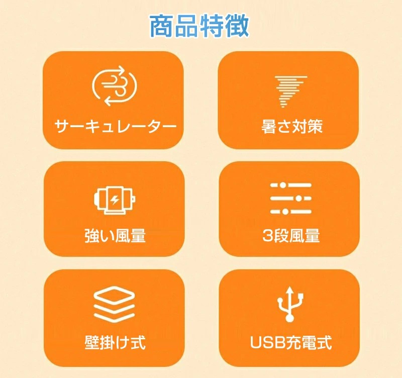 壁掛け扇風機 洗面所 トイレ用 USB充電 扇風機 小型 吊り下げ 扇風機 コードレス ...