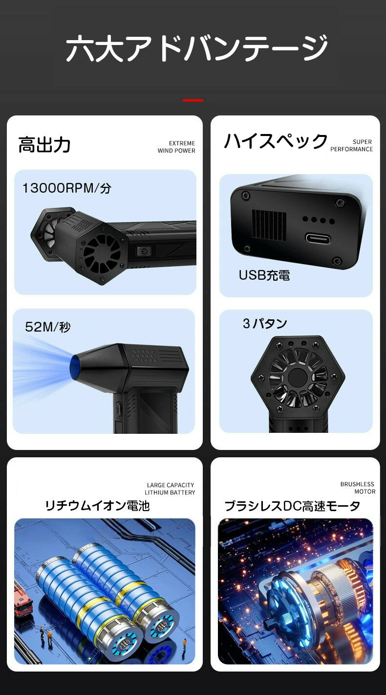 ターボドライヤー ミニジェットファン ハイパワー 電動送風機 USB充電 家庭用 小型...