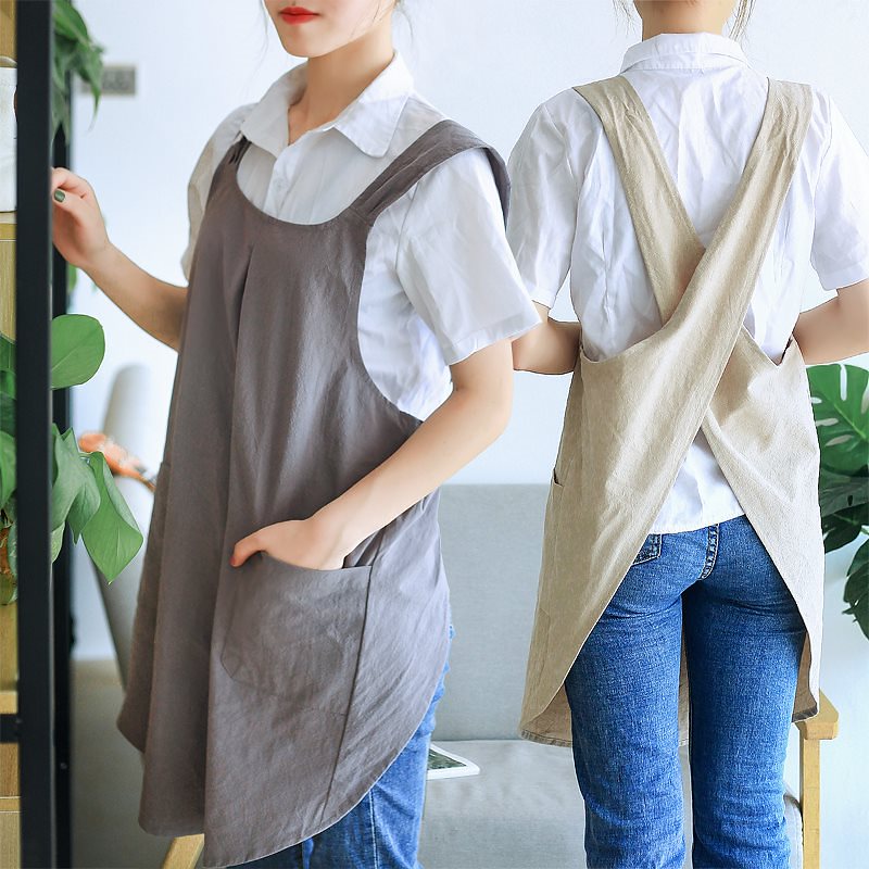 Rakuten - 日本スタイルの綿とリネンの家の女性モデルのシンプルなレースフリーのエプロンベーキング創造的な大きなサ