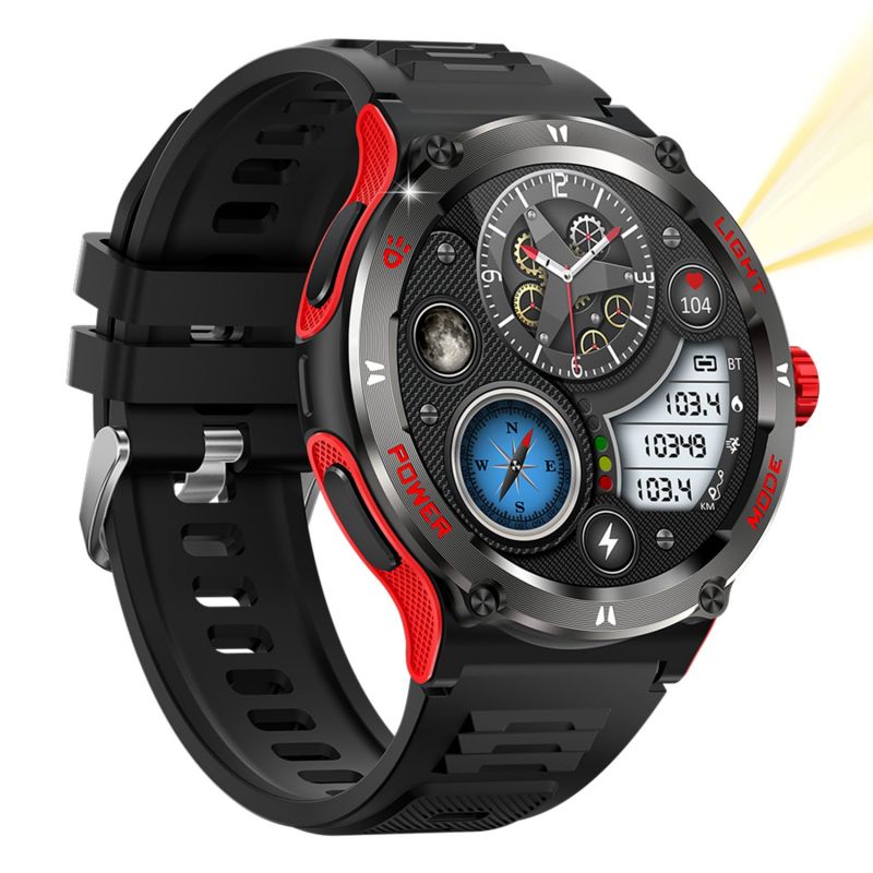 【充電アダプター無料お付け】2025 革新 アウトドアスポーツスマートウォッチ通話機能付き,4モード懐中電灯,1.53インチ金属丸型腕時計,強力なボディ,破壊防止,軍用規格,羅針盤,測定機能付き,女性機能,3ATM防水,万歩計,300+文字盤自由設定,ストップウォッチ，プレゼントギフト