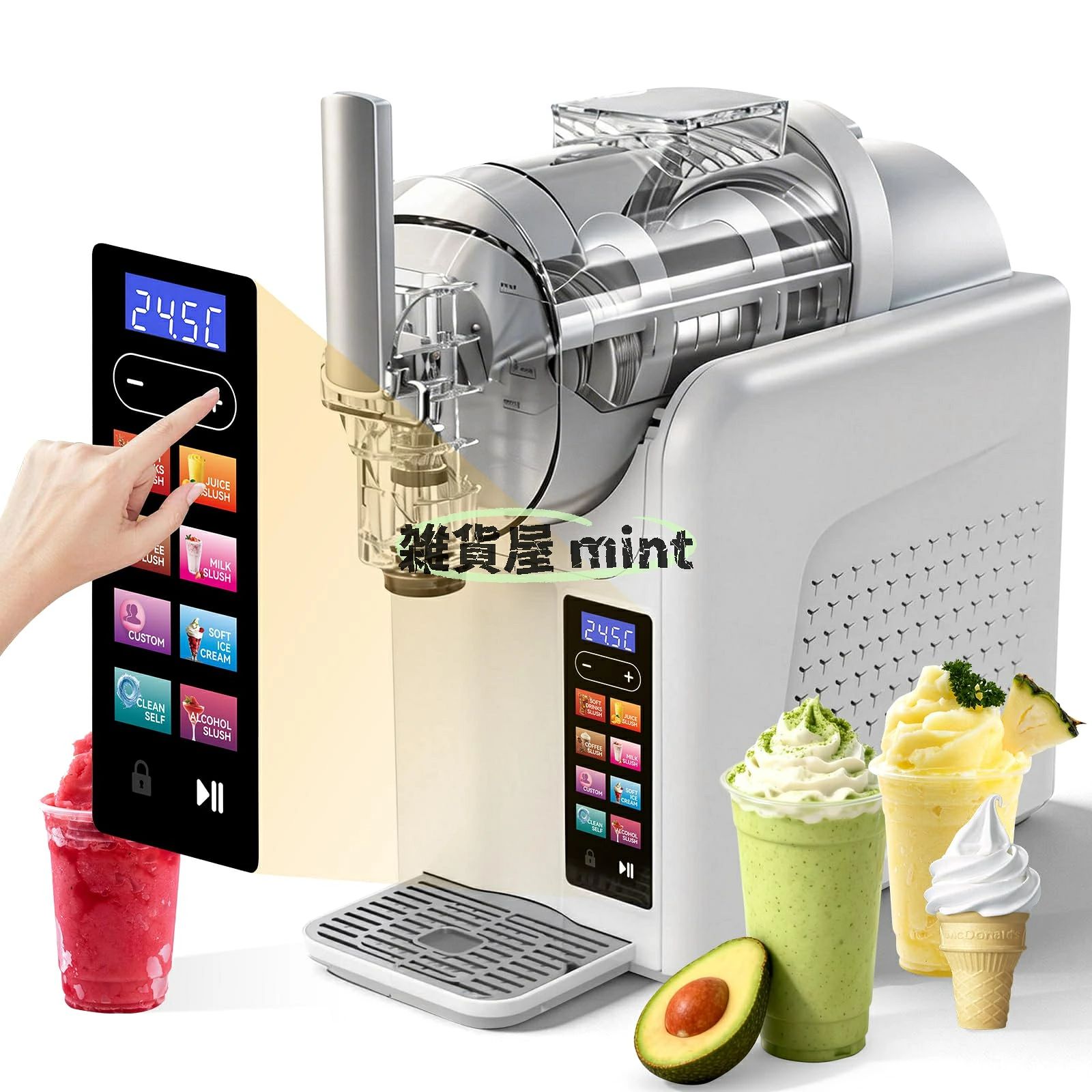? 【6in1多機能で子どもから大人まで】このHanchenスラッシュマシンは アイスクリームソーダスラッシュコーヒースラッシュ／ジューススラッシュアルコールスラッシュミルクセーキの6種類のドリンクを作ることができます。なめらかなアイスクリームからシャリシャリ食感のスラッシュまで、夏のおうち時間を豊かにする一台です。2Lの大容量（缶飲料約7本分）で、5～7人分を一度に作れまて、家族みんなの好みにひとつで応えます！? 【カラータッチパネルで簡単操作】従来のダイヤル式に対して、本機はカラータッチパネルを採用します。ドリンクタイプの選択、硬さの調整、ワンタッチ洗浄がパネル上で直感的に行えます。また、チャイルドロック機能も搭載しており、お子様の誤操作を防ぎます。見た目も美しく、機能性とデザイン性を兼ね備えた一台です。? 【急速冷却＆抜群な放熱】撹拌羽根が液体を絶えず攪拌し、冷却シリンダー周囲を360回転させることで、素早く均一な冷却を実現します。温度と質感を精密にコントロールします。冷却スピードも速く、スラッシュは約18～25分、アイスクリームは約30～45分で完成できます。本体周囲3方向からの循環冷却により、機器の寿命もよく延ばします。? 【自動洗浄＆お手入れ簡単】本機は ワンタッチ洗浄機能を搭載します。さらに、食材に直接触れる撹拌羽根やアイスバケットは取り外して洗うことができ、衛生的でお手入れも簡単です。? 【多彩なシーンで大活躍】お子様にはソフトなアイスクリームやコーラスラッシュ、ママにはヘルシーなミルクセーキ、パパにはコーヒーやカクテルのスラッシュなど、一家みんなの夏のドリンクをHanchenスラッシュマシンでカバーできます！お子様の誕生日パーティーやホームパーティー、バーベキューなど、様々なシーンで大活躍！豊富なレシピも付いており、ぜひお好きに作りましょう！? 【製品仕様】容量：2L　消費電力：185W　電源：100-110V/60Hz　冷媒：R290（45g）　本体材質：ABS　撹拌羽根材質：POM（食品級）　アイスバケット材質：PC（食品級）　操作方式：タッチパネル　対応ドリンク：アイスクリーム／ソーダスラッシュ／コーヒースラッシュ／ジューススラッシュ／アルコールスラッシュ／ミルクセーキ　他の機能：ワンタッチ洗浄／チャイルドロック　調理時間目安：スラッシュ：18～25分／アイスクリーム：30～45分　サイズ：40*19*40cm　重量：9kg? 【注意事項】?冷凍した果物野菜や氷をアイスバケットに直接入れないでください。また、温かい材料も入れないでください。?開封後は、冷媒を安定させるため、最低4～6時間は静置してからご使用ください。? 投入する材料は、糖分が5%以上である必要があります。また、ワインやビールなどアルコール分を含む材料を使用する場合は、アルコール度数が2.8%～16%の範囲内のものをご使用ください。容量：2L　消費電力：185W　電源：100-110V/60Hz　冷媒：R290（45g）　本体材質：ABS　撹拌羽根材質：POM（食品級）　アイスバケット材質：PC（食品級）　操作方式：タッチパネル　対応ドリンク：アイスクリーム／ソーダスラッシュ／コーヒースラッシュ／ジューススラッシュ／アルコールスラッシュ／ミルクセーキ　他の機能：ワンタッチ洗浄／チャイルドロック　調理時間目安：スラッシュ：18～25分／アイスクリーム：30～45分　サイズ：40*19*40cm　重量：9kg注意事項:1、 当社の製品に問題がある場合は、お気軽にお問い合わせください。2、輸送中に多少の衝撃が加わる可能性がございます。万が一不具合や破損などがございましたら、部品の再送など対応させていただきますので、お気軽にご連絡くださいませ。3、商品が多いため、発送時に説明書をお送りし忘れることがございます。万が一、説明書が届いていない場合や、商品組み立てに関してご不明点がございましたら、お手数ですがご連絡いただけますようお願い申し上げます。電子版の説明書を再送させていただきますので、どうぞご安心ください。お客様にはご理解いただきますようお願い申し上げます。お客様のご支援が、私たちの励みとなっております。4、もし特大サイズ荷物となる場合は、、配達日時の指定はできません。ご了承ください。 1F 玄関でのお渡し となります。また配達の際に、大変恐縮ですが、お客様ご自身で荷下ろしのご手配をお願いいたします。体積デカい商品のため、運送中万が一小さい破損が起こる場合、壊れた部品を再発送することが対応可能です。返品返金受けかねます。沖縄、北海道、離島などの住所について送料は別途です。ご理解よろしくお願い申し上げます。