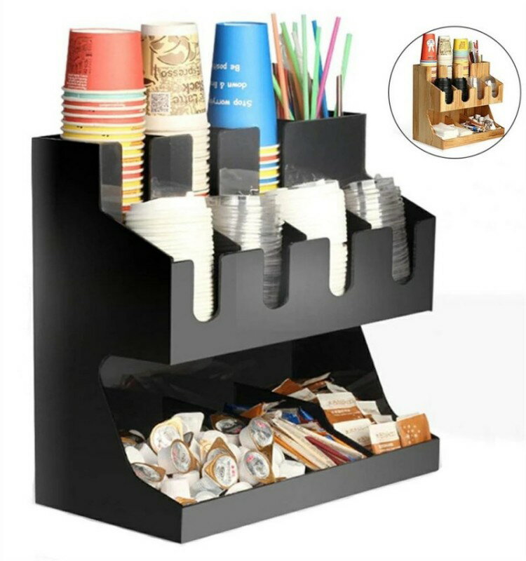 Rakuten - 紙コップホルダー カップ ブラックアクリルカップホルダーミルクティーコーヒー 棚ミルクティーショップ用品 スタンド 木製カップディスペンサー 紙カップと蓋収納 コーヒーカップ/調味料コンビニ ビュッフェ オフィスなど適用 バーカウンター収納ラック