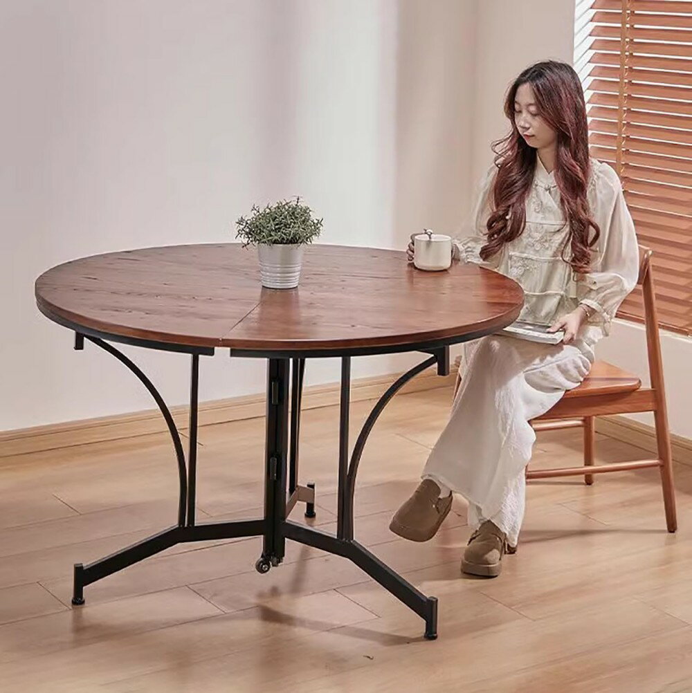 Rakuten - 丸 ダイニングテーブル 折りたたみテーブル 伸縮ダイニングテーブル 幅80/90/100/120/130/150cm/160 4~6人用 無垢材 組み立て不要 省スペース リ滑車付き ビングテーブル(150cm)