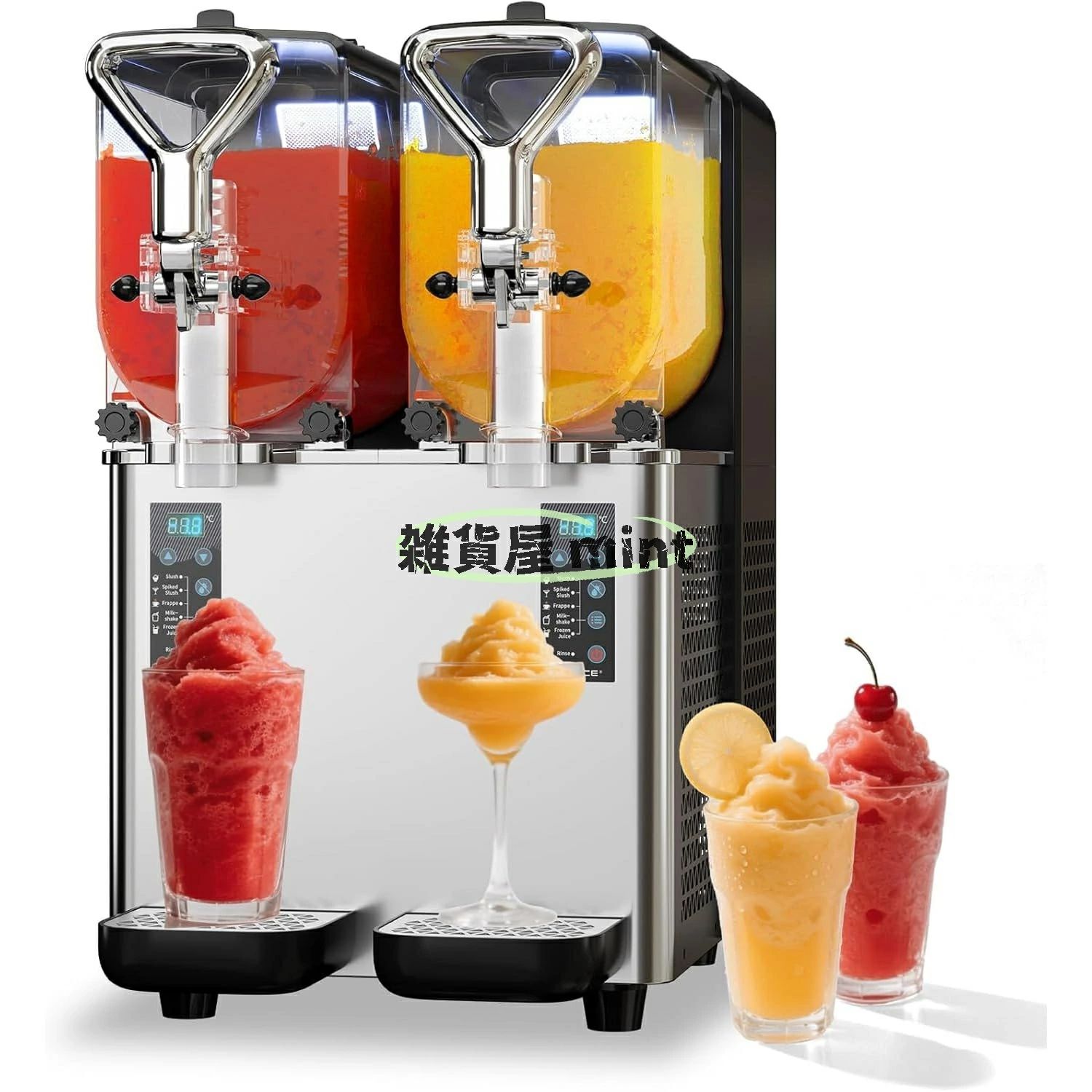 ? 【優れたパフォーマンス 急速冷却で多彩なドリンク作成】 暑い夏に欠かせない冷たいドリンクを手軽に作れる、3L×2の大容量タンクを搭載したフローズンマシン。独立制御システムを採用しているため、フローズンカクテルやスムージーなど異なる飲み物を同時に作成可能で、時間を無駄にせず複数種類の冷たいドリンクを楽しめます。強力なコンプレッサーを内蔵し、急速な冷却と攪拌を実現し、わずか25～120分で美味しいフローズンドリンクが完成。家庭での使用に最適なパフォーマンスで、暑い夏をより楽しく彩ります。? 【高品質な素材 安心耐久性とお手入れ簡単】 高級版改良モデルとして、低騒音設計を実現。本体は304ステンレス鋼を採用し、タンクは食品グレードで耐衝撃性に優れたPC素材を使用し、防錆効果と長期使用に耐える高い耐久性を備えています。清掃も簡単でメンテナンスの手間が大幅に削減され、取り外し可能なドリップトレイが付属しているため、カップを置く際に便利で機械を常に清潔に保てます。食品グレードABS製の大口径注ぎ口は、素早く注げて使用効率が高く、取り付け後片付けも手軽に行えます。? 【簡単操作 多彩なモード切替と雰囲気演出】 アップグレードされた操作パネルを搭載し、リアルタイム温度が一目で確認でき、直感的に操作可能です。プリセットボタンをワンタッチするだけで、フローズンドリンクスムージーカクテルミルクセーキフラッペなど様々なモードに素早く切り替えられ、自分好みの冷たい飲み物を簡単に作れます。専用照明ボタンで内蔵LEDライトが点灯し、ドリンクの鮮やかな色合いを引き立て、夜間のバーやレストランでの使用に最適。雰囲気を盛り上げ、おもてなしの演出効果も抜群です。? 【コンパクト軽量設計 安全機能充実】 GSEICE最新改良モデルは、コンパクトで軽量な設計が魅力。寸法490×320×545mm、重量わずか25kgで、狭いスペースにも設置可能。家庭用はもちろん、小規模店舗での使用にも便利です。スタイリッシュなモダンデザインでキッチンなどの空間に馴染み、コンプレッサー過負荷保護機能高効率換気システムを搭載し、長時間の連続使用にも対応。優れた耐久性と安定したパフォーマンスを両立しています。? 【幅広い用途 様々なシーンで活躍】 マルガリータをはじめ、フルーツジュースフローズンカクテルスムージーなど多種多様なクールドリンク作りに最適。お客様や家族の好みに合わせてオリジナルスラッシュドリンクを作成でき、SNS映えするおしゃれなドリンクに仕上げられます。家庭のキッチンはもちろん、レストランコンビニミルクティーショップバーカフェホテルパーティー屋台など、様々なシーンで広く活用されています。製品に関するご不明点がございましたら、お気軽にお問い合わせください。[JQEJDKE] 3L×2 タンク搭載の業務用フローズンドリンクマシンは、100V 対応で急速冷凍5 つのプリセット独立制御自動洗浄低ノイズ設計。フローズンドリンクスムージーカクテルミルクセーキフラッペに対応し、開業カフェコンビニ飲食店オフィスに最適。コンパクトで日本語取扱説明書付きです。3L×2 タンク搭載で大量生産可能、100V 電源対応で日本国内で安心して使用可能急速冷凍機能と 5 つのプリセット設定で、簡単操作で多種類のフローズンドリンクを製造独立制御自動洗浄機能付きでメンテナンスが容易、低ノイズ設計で店内環境に配慮フローズンドリンクスムージーカクテルミルクセーキフラッペなど多用途に対応コンパクトサイズで設置しやすく、日本語取扱説明書付きで商業開業カフェコンビニ飲食店オフィスに最適注意事項:1、 当社の製品に問題がある場合は、お気軽にお問い合わせください。2、輸送中に多少の衝撃が加わる可能性がございます。万が一不具合や破損などがございましたら、部品の再送など対応させていただきますので、お気軽にご連絡くださいませ。3、商品が多いため、発送時に説明書をお送りし忘れることがございます。万が一、説明書が届いていない場合や、商品組み立てに関してご不明点がございましたら、お手数ですがご連絡いただけますようお願い申し上げます。電子版の説明書を再送させていただきますので、どうぞご安心ください。お客様にはご理解いただきますようお願い申し上げます。お客様のご支援が、私たちの励みとなっております。4、もし特大サイズ荷物となる場合は、、配達日時の指定はできません。ご了承ください。 1F 玄関でのお渡し となります。また配達の際に、大変恐縮ですが、お客様ご自身で荷下ろしのご手配をお願いいたします。体積デカい商品のため、運送中万が一小さい破損が起こる場合、壊れた部品を再発送することが対応可能です。返品返金受けかねます。沖縄、北海道、離島などの住所について送料は別途です。ご理解よろしくお願い申し上げます。