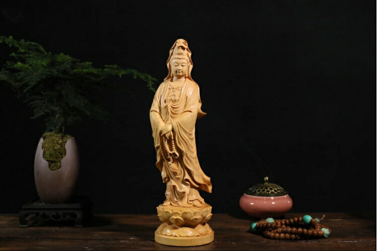 Rakuten - 【メーカー直送】 観音菩薩木彫り仏像 天然木 柘植 置物 置き物 ミニサイズ コンパクト 持ち運び可能 彫刻 開運 縁起物