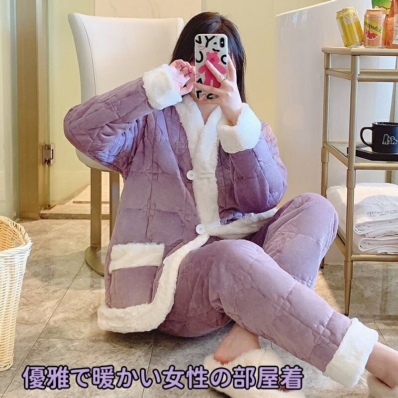 実用品★高品質 特厚レディースルームウェア 冬用 上下セット ルームウェア おしゃれ 肌に優しい 暖かい 入院 無地 シンプル コットン ..