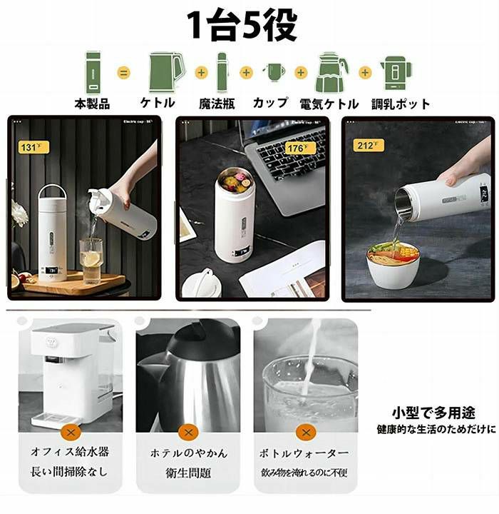 電気ケトル ポータブル 電気ケトル 持ち運び 電気ポット480ml 小型 ミニ 保温機能付き ポータブルケトル 4段階温度設定 漏れ防止 自動電源OFF 空だき防止機能 5分で沸騰