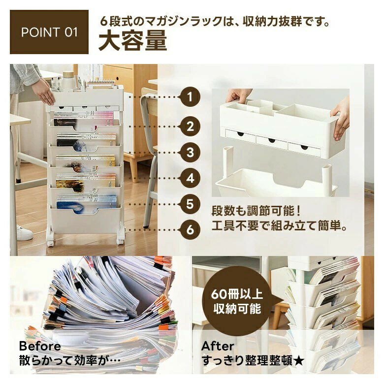 マガジンラック 6段階スリムタイプ 省スペース キャスター付き 大容量 オープンラック 工具不要(T) [2]