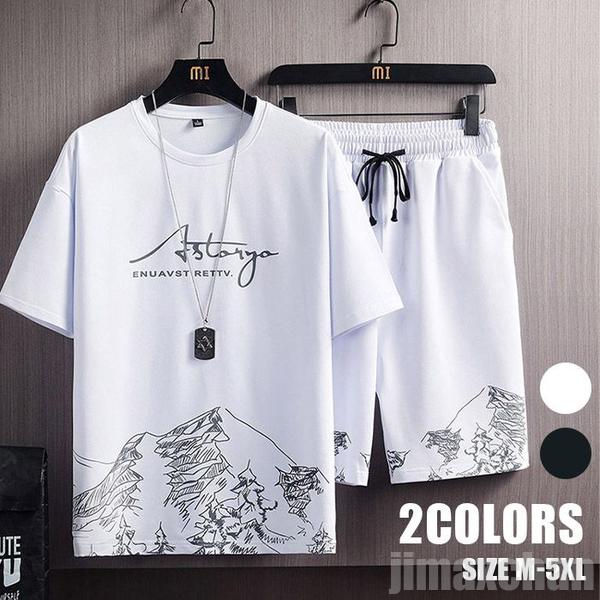 気楽 メンズ 2点セット 半袖Tシャツ ハーフパンツ ショートパンツ Tシャツショーツセット スポーツ 短パン 半パン トレーニング 上下