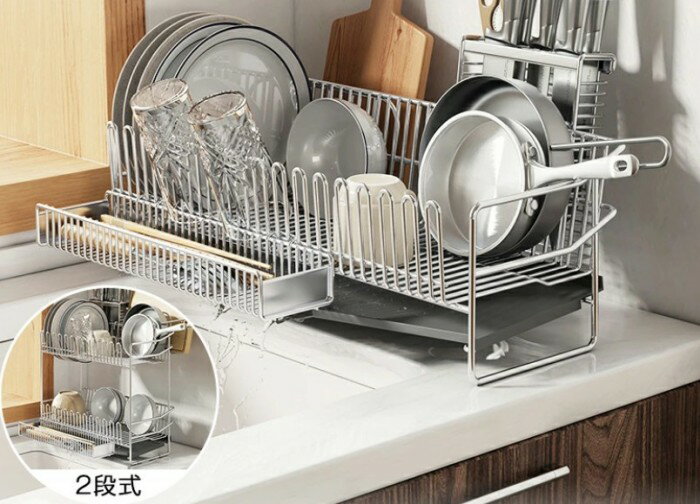 水切り 水切りラック 水切りかご スリム おしゃれ 水を自動で流すトレー付き 細長い 狭い 省スペース 大容量 包丁立て 箸置き まな板立て(3.0)