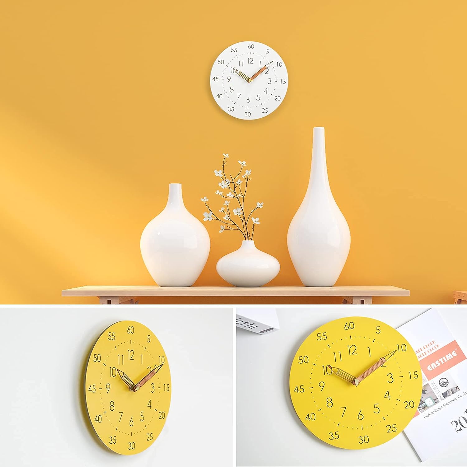 壁掛け時計 子供 置き時計 壁掛け 学習時計 知育時計 時間学習時計 教育グッズ 子供部屋 静音 連続秒針 大文字 アラビア数字 非電波 直径約30cm 掛け時計 おしゃれ 自宅 寝室 子供用 生徒用 ブルー/ホワイト/イエロー 父の日