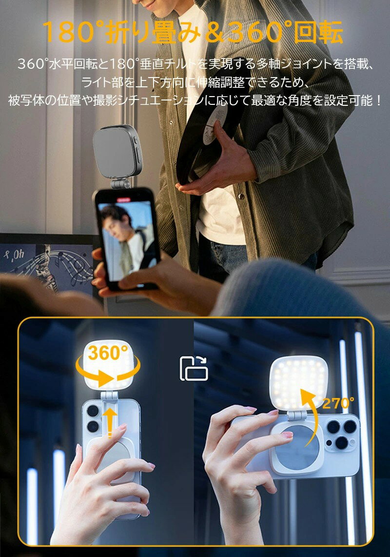 スマホライト マグネット式 撮影用ライト magsafe対応 iPhone対応 LEDライト マグセーフ 折りたたみ式 360°回転 5段階色温度 調光 伸縮可能 ミラー付き 照明 高輝度 充電式 スマホスタンド 自撮り メイク照明 動画撮影 web会議 動画