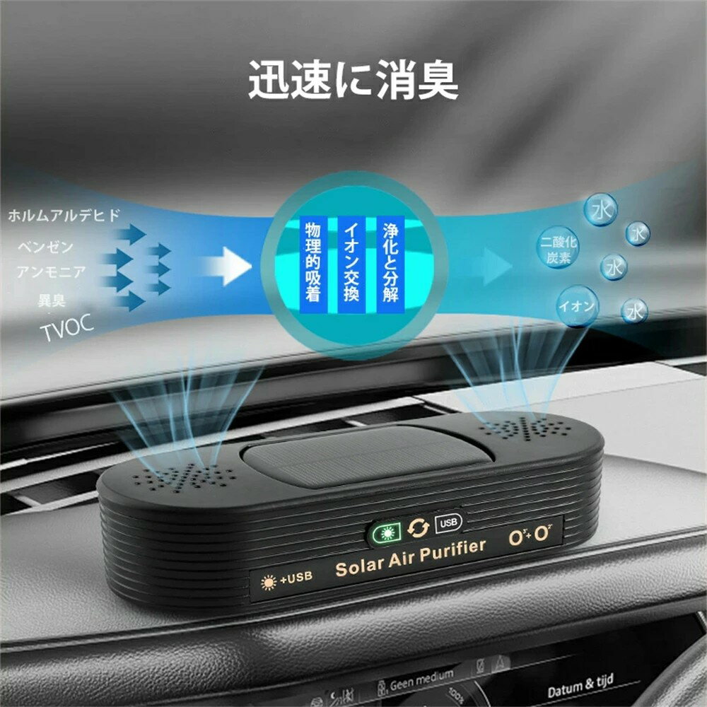 ソーラー車載空気清浄機 小型空気清浄機 ミニ空気清浄機 プラズマクラスター プラズマ空気浄化機 車載脱臭機 車用イオン発生器 アロマ機能 車載用 ホーム用 ソーラー給電 USB給電 自動開閉 タバコ 花粉対策 殺菌脱臭PM2.5対策
