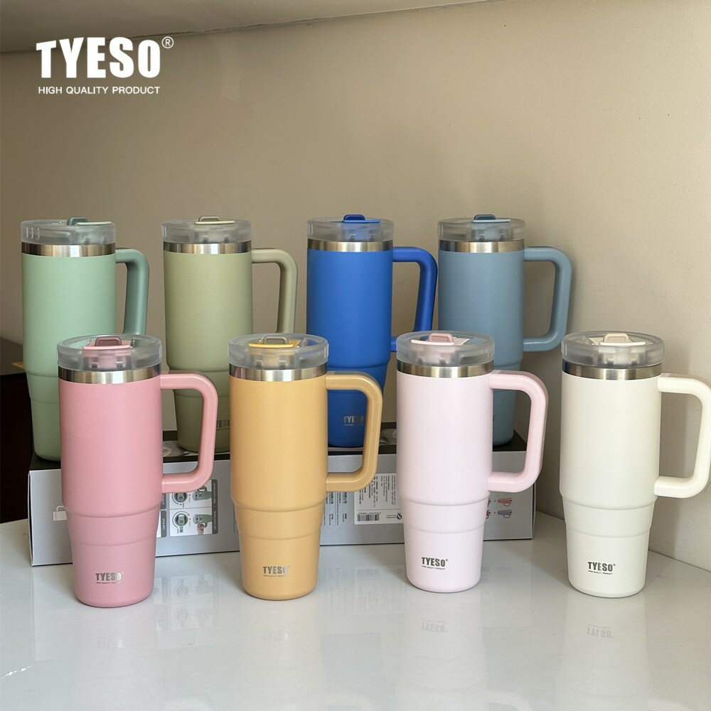 TYESO タンブラー プレゼント ストロー付き 蓋付き 大容量 ステンレス 二重構造 真空断熱 保温 保冷 おしゃれ ドライブ 車 900ml 1200ml 1L 1リットル結露しない コーヒータンブラー 熱中症 スリムクエンチャー マグボトル ウォーターボトル 補水対策