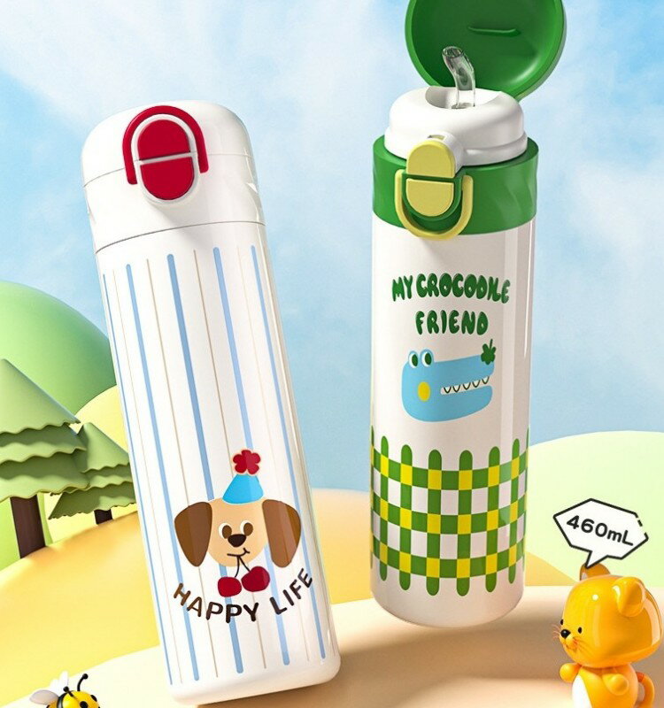 316ステンレス保冷杯男女生高外貌水平携帯双飲口ストロー杯アニメ学生水杯