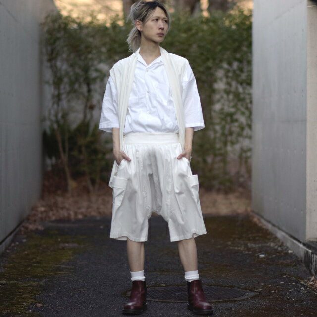 【albino】キュロット風サルエルカーゴショーツキュロットパンツ メンズ ハーフパンツ サルエル カーゴ モード系 原宿 白 ホワイト 日本製 国産 個性的 オリジナル ブランド ユニセックス レディース 中性的