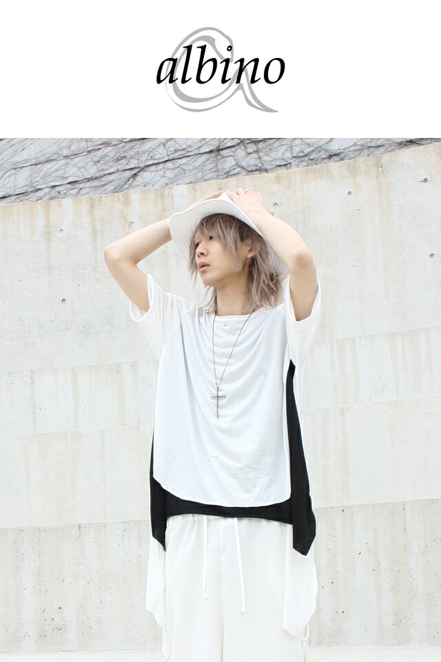 【albino】アーチヘムフェイクレイヤードバイカラーカットソーカットソー メンズ ロング丈 半袖 モード系 変形 バイカラー ホワイト 白 個性的 日本製 国産 オリジナル ブランド ビッグt 夏 中性的 ユニセックス レディース