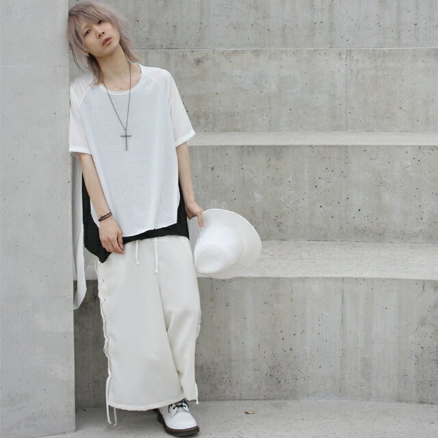 【albino】アーチヘムフェイクレイヤードバイカラーカットソーカットソー メンズ ロング丈 半袖 モード系 変形 バイカラー ホワイト 白 個性的 日本製 国産 オリジナル ブランド ビッグt 夏 中性的 ユニセックス レディース