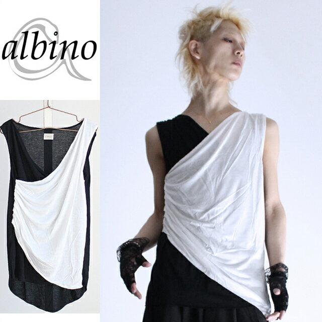 【eimuu】フェイクレイヤードバイカラーカシュクール風タンクトップタンクトップ カットソー メンズ バイカラー ノースリーブ 半袖 モード系 ファッション 白...