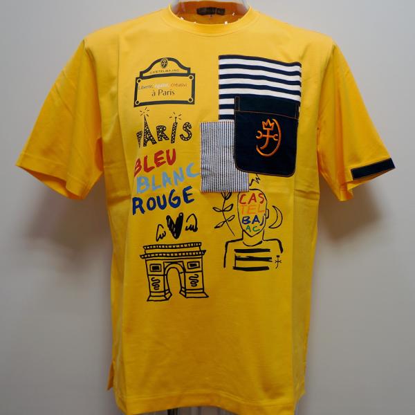 定価　税込価格￥31900 品番　　7214272110-35 素材　　綿100 ベースカラー　マスタード サイズ　　48・L 肩幅　47 身幅　54　（脇下10センチの所） 袖丈　25 着丈　71　 サイズ　　50・LL 肩幅　49 身幅　60　（脇下10センチの所） 袖丈　26 着丈　75　　 製造国　日本ツルツルの天竺素材を使ったTシャツです。部分的に異素材を 切り替え、バジャックらしいプリントが入りオシャレです！！