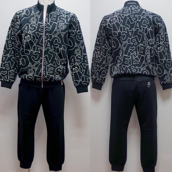 定価　税込み価格￥74800 品番　　7216379108-99 素材　　ポリエステル55　綿40　ポリウレタン5 ベースカラー　ブラック サイズ　　46・M 肩幅　49 身幅　54　（脇下10センチの所） 袖丈　63 着丈　69 ウエスト　76〜90　 サイズ　　48・L　 肩幅　50 身幅　57　（脇下10センチの所） 袖丈　64 着丈　71 ウエスト　82〜95　 サイズ　　50・LL 肩幅　53 身幅　61　（脇下10センチの所） 袖丈　64 着丈　74　　　 ウエスト　88〜105 製造国　中国綿ポリのスウェット素材を使った上下で上は総柄のチェーン刺繍が 入りインパクト・高級感ともに抜群です！！ パンツはウエストゴムで楽々です！