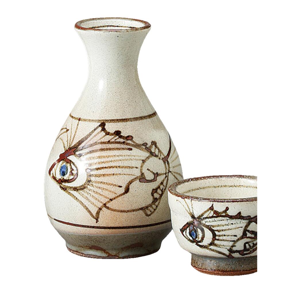 酒器セット 徳利 とっくり おちょこ セット 粉引唐草魚紋2号徳利 徳利＆グイ呑（2個）セット お猪口 プ..