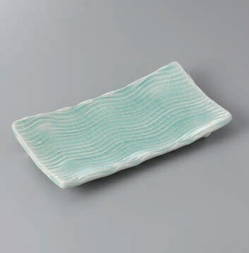 長角皿 焼物皿 灰青磁流水 焼物皿足付（手造り） 皿 プレート 焼き物皿 角皿 魚皿 焼き魚 長い皿 四角皿 おしゃれ 日本製 美濃焼 食洗機対応 電子レンジ対応