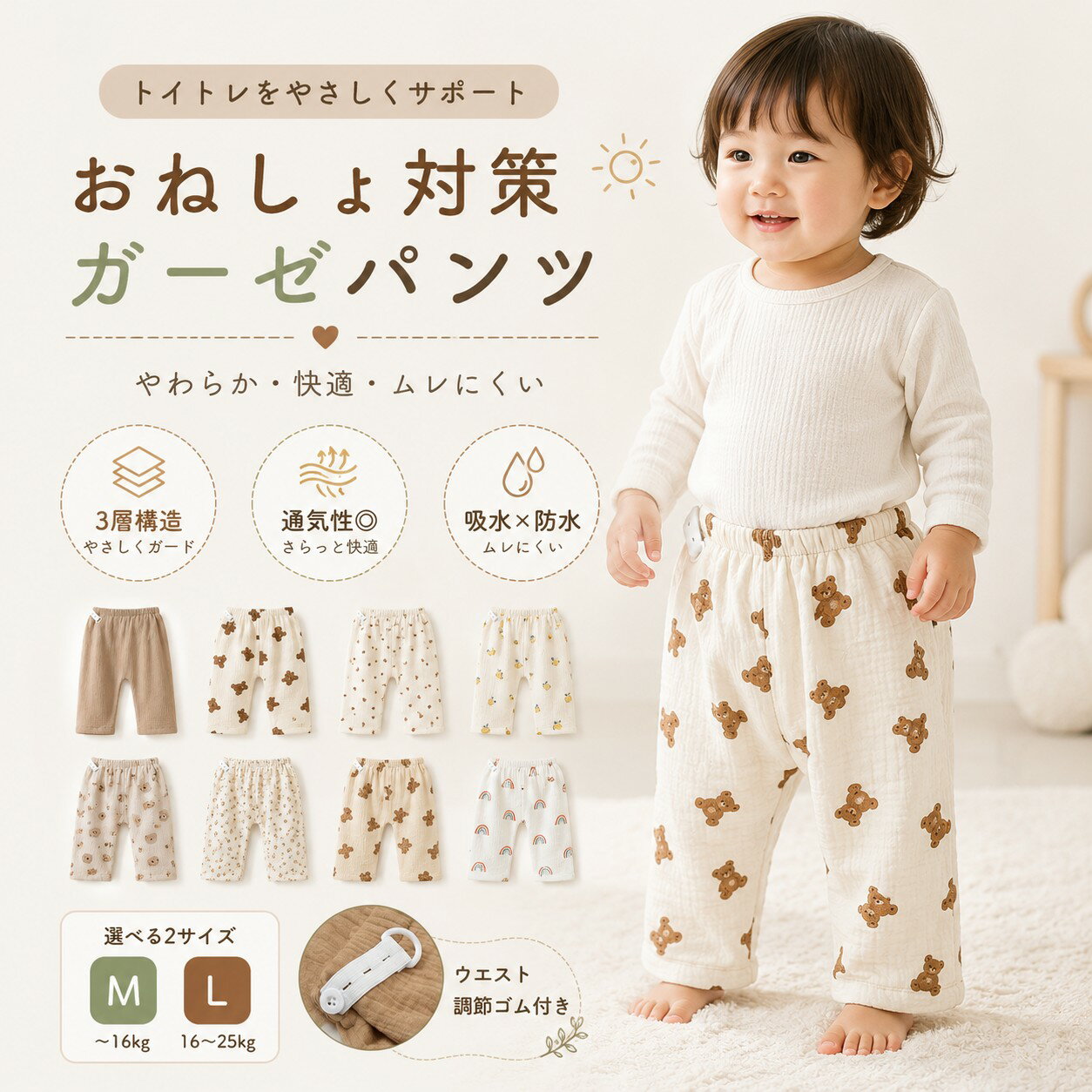 ベビー トレーニングパンツ おねしょパンツ トイトレ パンツ ガーゼ コットン 綿 3層 防水 通気性 洗える 男の子 女の子 ウエスト調整可 夏用