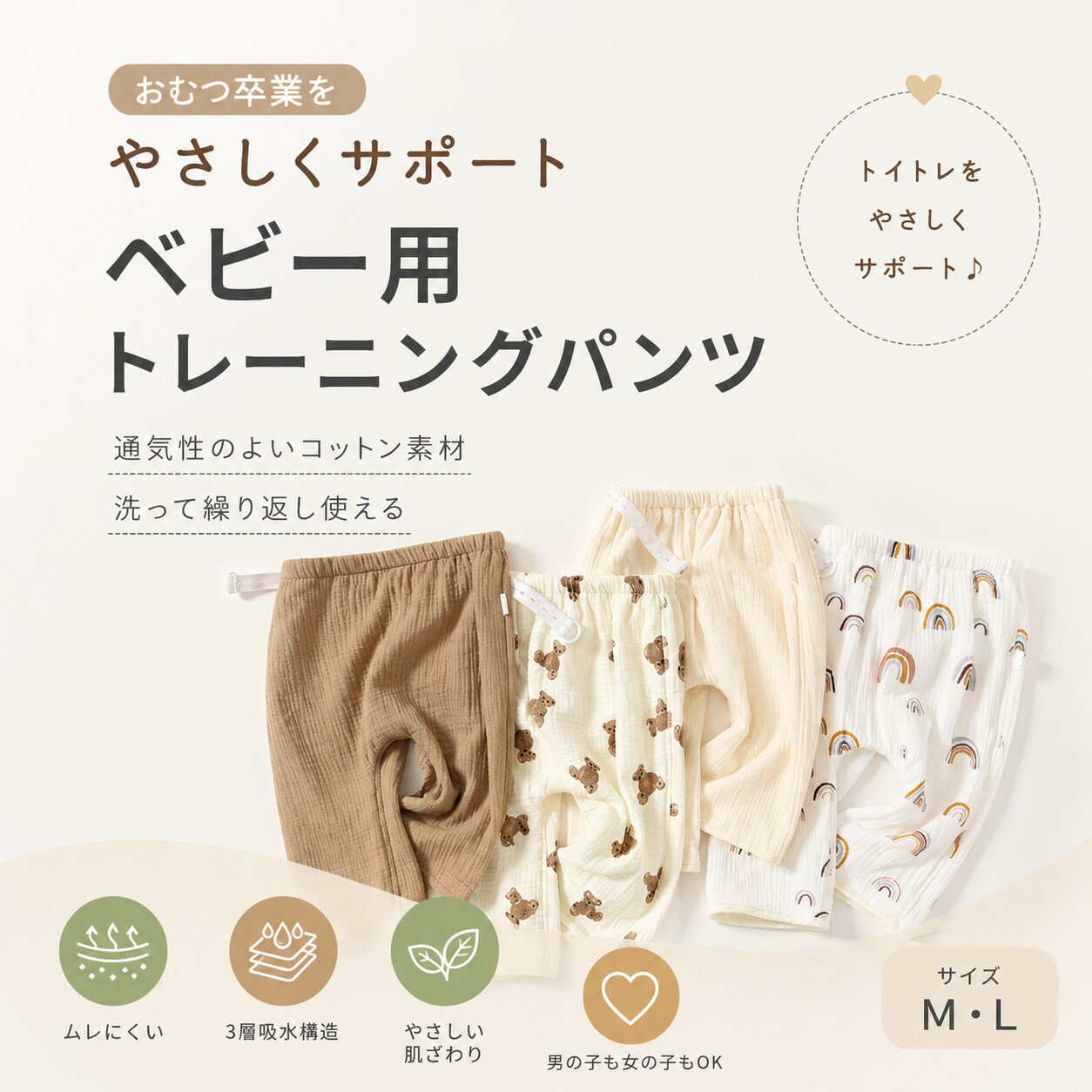 ベビー トレーニングパンツ おねしょパンツ トイトレ パンツ ガーゼ コットン 綿 3...
