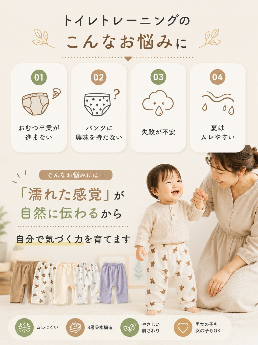ベビー トレーニングパンツ おねしょパンツ トイトレ パンツ ガーゼ コットン 綿 3...