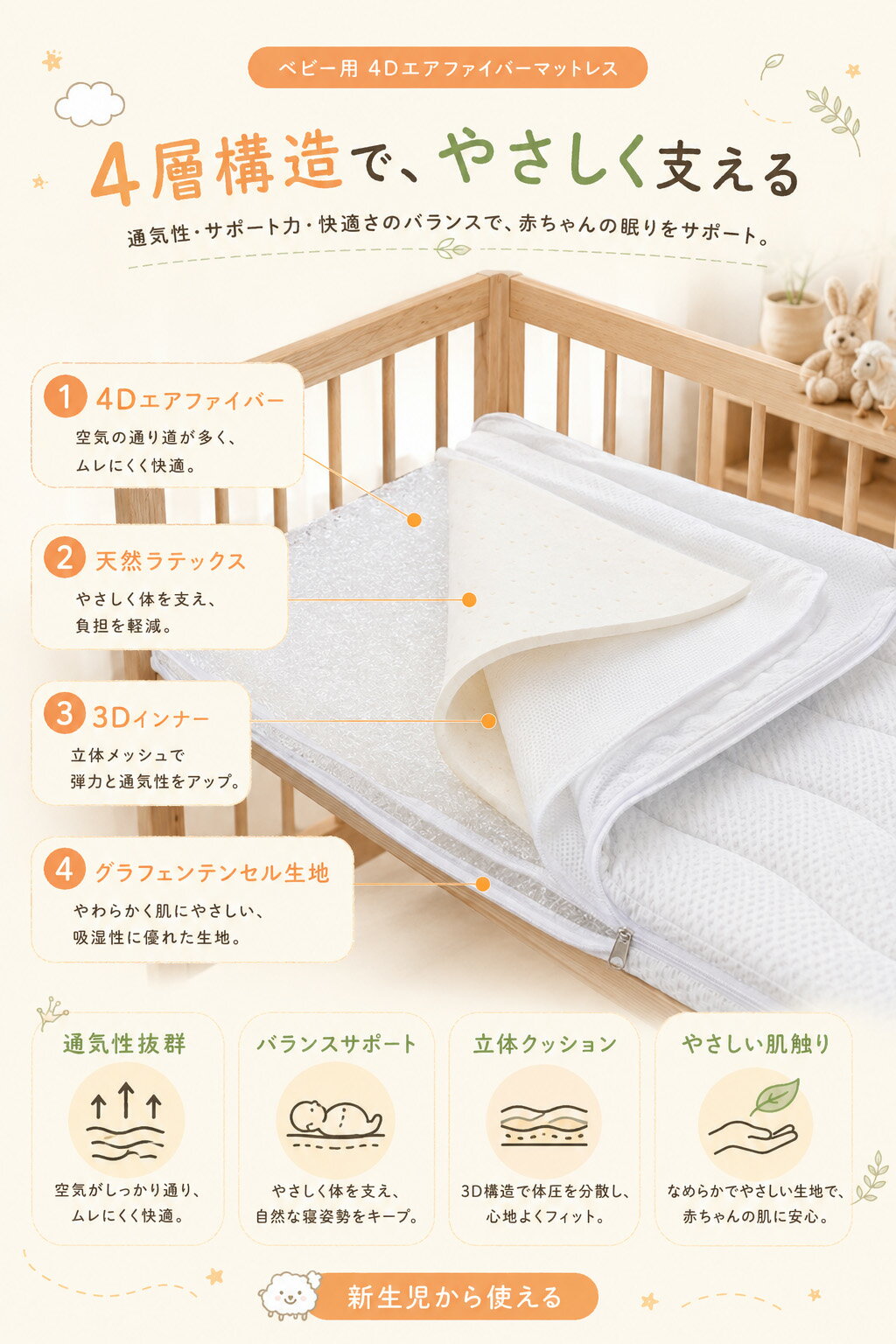 ベビーマットレス 45×80cm 60×90cm 70×120cm 厚さ7cm 4Dエアファイバー ベビー布団 敷き布団 ベビー用通気マット 新生児 洗える 丸洗い 通気性 体圧分散 硬め 赤ちゃん お昼寝マット ベビーベッド 出産祝い 3