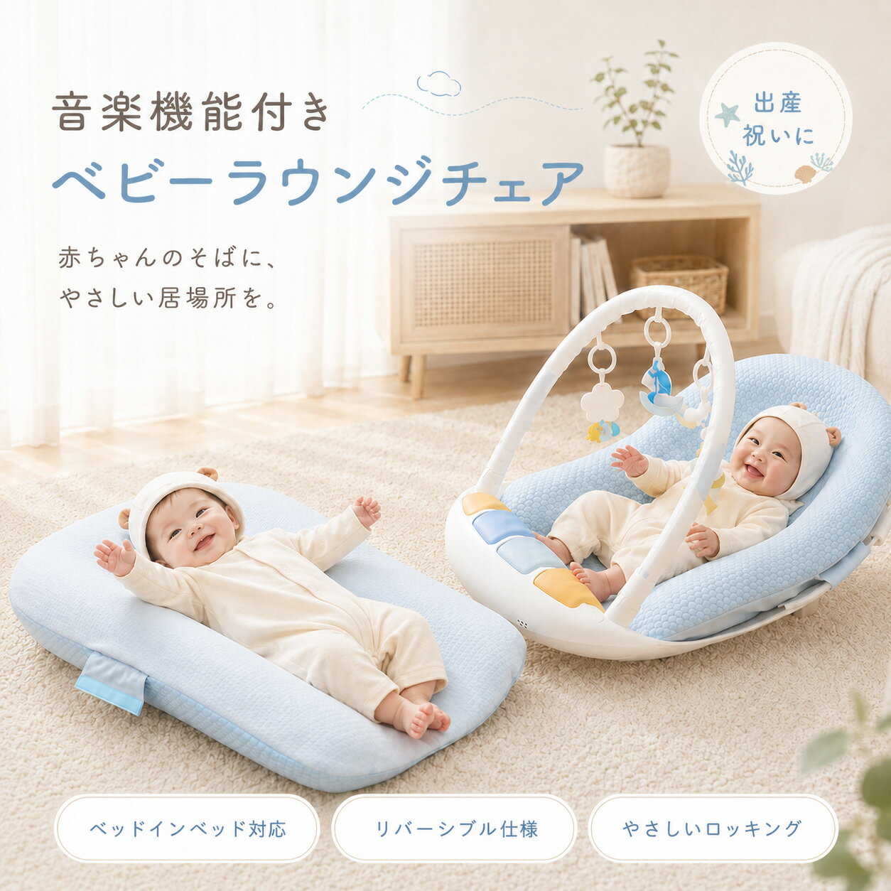 樂天商城 - ベビーラウンジチェア ベッドインベッド対応 バウンサー 新生児 0ヶ月〜36ヶ月 4WAY リバーシブル クッション 涼感メッシュ 保温面 ロッキング トイバー 音楽 ライト おもちゃ付き 赤ちゃん くつろぎスペース ベビー寝具 出産祝い