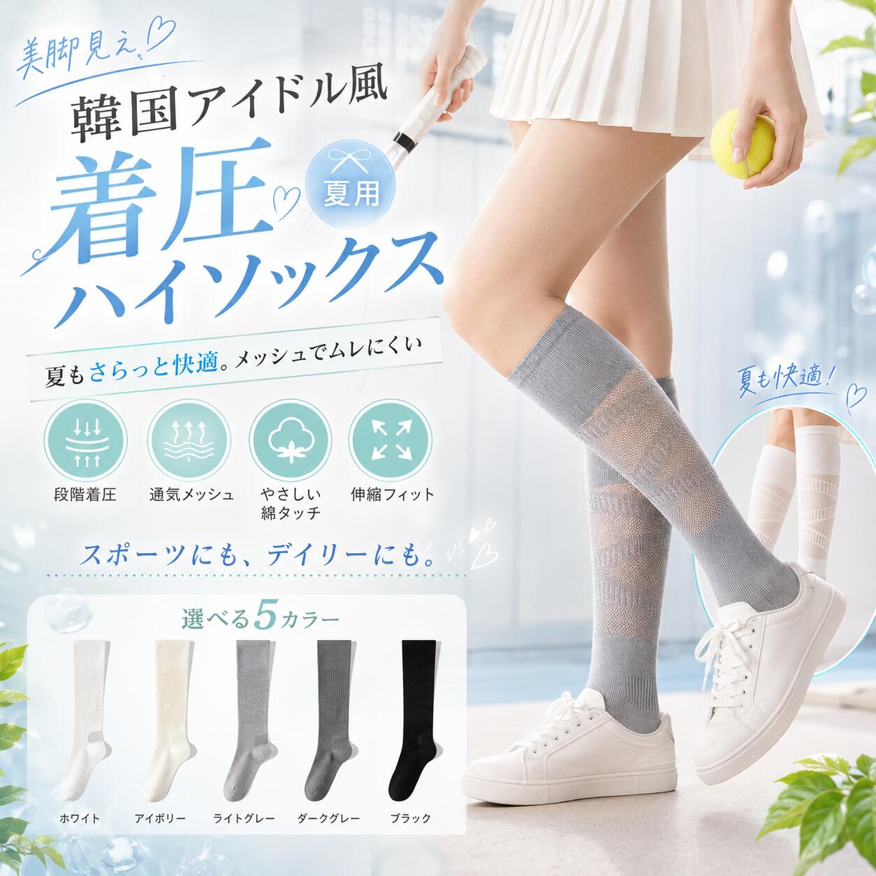 Rakuten - 着圧ソックス 夏用 レディース ひざ下 韓国アイドル風 美脚ソックス 5色 通気メッシュ 段階着圧 ハイソックス 膝下ソックス ロングソックス 綿混 伸縮性 ずれにくい むくみ対策風 スポーツ テニス バドミントン ウォーキング 通勤 デイリー おしゃれ