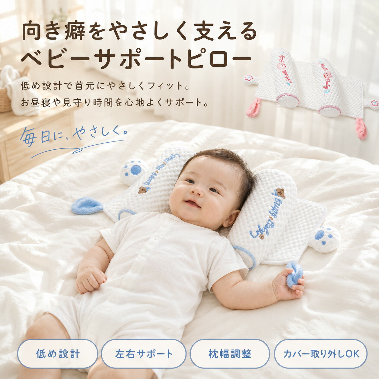 乐天商城 - ベビー枕 向き癖 サポートピロー 赤ちゃん 枕 ベビーまくら 低め設計 左右サポート 枕幅調整 カバー取り外しOK 穀物入り中材 新生児 お昼寝 見守り時間 ベビーピロー 出産祝い ギフト かわいい ねんねグッズ