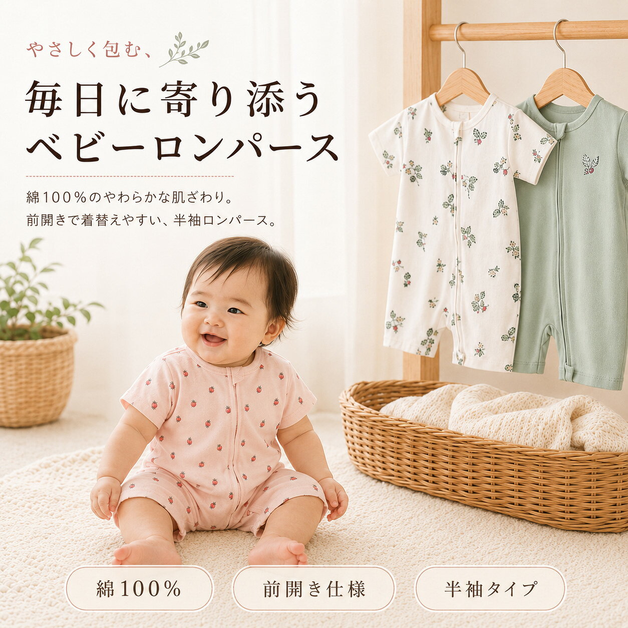 ベビーロンパース 半袖 3枚セット 綿100％ 前開き 新生児 ベビー服 男の子 女の子 夏 春夏 赤ちゃん ロンパース カバーオール 半袖ロンパース コットン かわいい 肌着 お着替えしやすい 出産祝い 6ヶ月 9ヶ月 12ヶ月 18ヶ月 24ヶ月