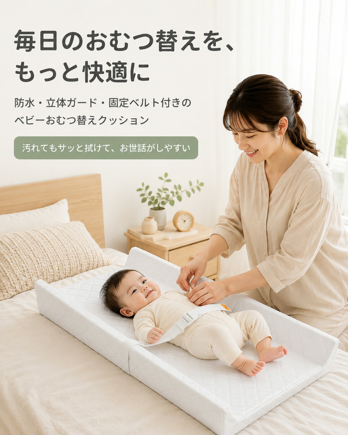 おむつ交換台 ベビー おむつ替え クッション 防水 PEVA 立体ガード 固定ベルト付き...