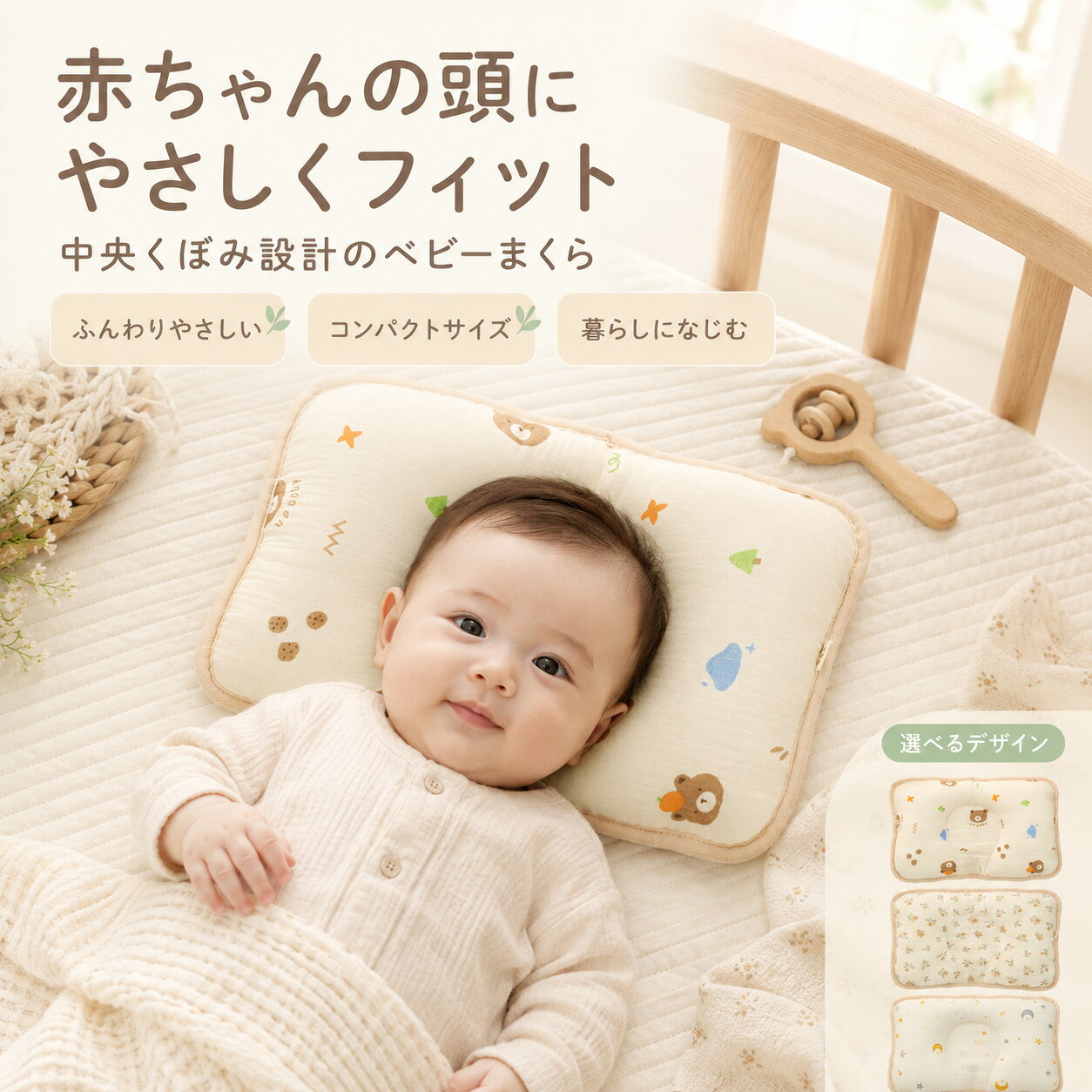 商品介绍 赤ちゃんの毎日に、やさしい心地よさを。 毎日のねんね時間やお昼寝タイムに寄り添う、 ふんわりやさしいベビーまくらです。 中央部分にくぼみを設けた立体的なフォルムが、 赤ちゃんの頭まわりにやさしくなじみます。 約30×20cmのコンパクトなサイズ感で、 寝室やリビングのお昼寝スペースなど、毎日の暮らしに取り入れやすいのもポイント。 ナチュラルな花柄や、かわいいアニマル柄など、 お好みに合わせて選べる12種類のデザインをご用意しました。