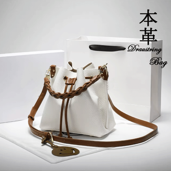 【 楽天スーパーセール限定！半額 】バイカラー ドローストリング 巾着 レディースバッグ レザー 2way ショルダーバッグ ハンドバッグ 本革 通勤 お出かけ プレゼント 送料無料のサムネイル