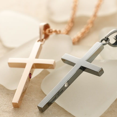 ペアネックレス 大人 009N-KS-BKPK * セミオーダーメイド 誕生石 シルバー 名入れ クロス 十字架 ペンダント ネックレス ペアルック 彼氏 彼女...