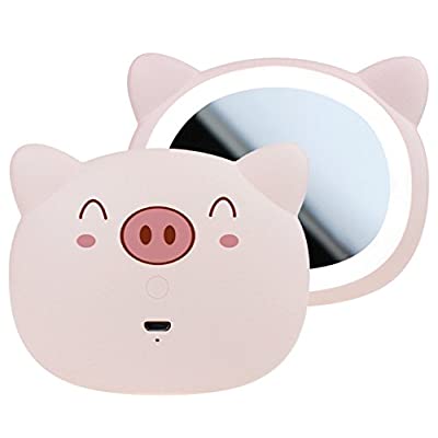 IvyOnly MINIミラー ピンク 化粧鏡 手鏡 LEDライト付き 外出 旅行用 可愛い豚 USB充電式 プレゼント 記念日 お誕生日 お祝い (ピンク豚)