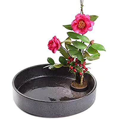 花器 生け花 水盤 生け花用の花器 花瓶 陶器花器 フラワーベース 華道用花器 Fukuka (黒, 20CM)