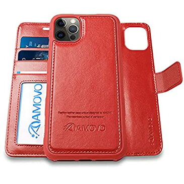 AMOVO iPhone 13 Pro Max 用 ケース 本革 手帳型 分離式 マグネット 取り外し自由 ワイヤレス充電に対応 カード収納 横開き スタンド機能 アイフォン13 Pro Max 用 手帳カバー (6.7インチ, 赤)