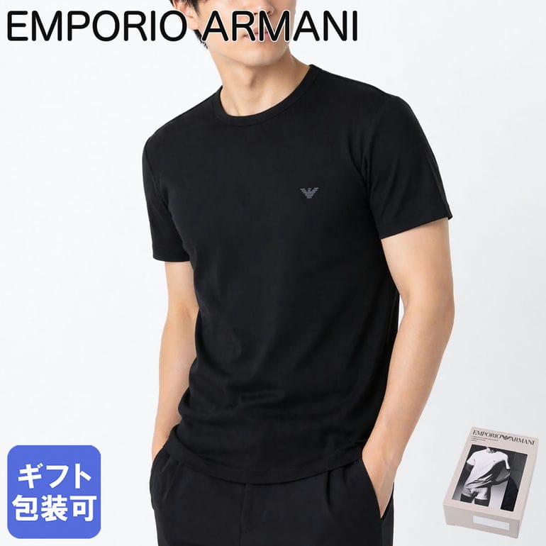 乐天商城 - エンポリオ アルマーニ EMPORIO ARMANI Tシャツ クルーネック 半袖 カットソー アンダーウェア ワンポイント ロゴ入り 2枚パック 全3サイズ メンズ ブラック EM000391 AF14132 MC005 MADE IN ITALY